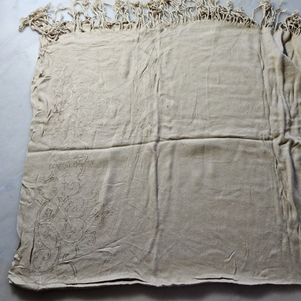 Coldwater Creek Embroidered Fringe Scarf Shawl Wrap Neutral Tan‎